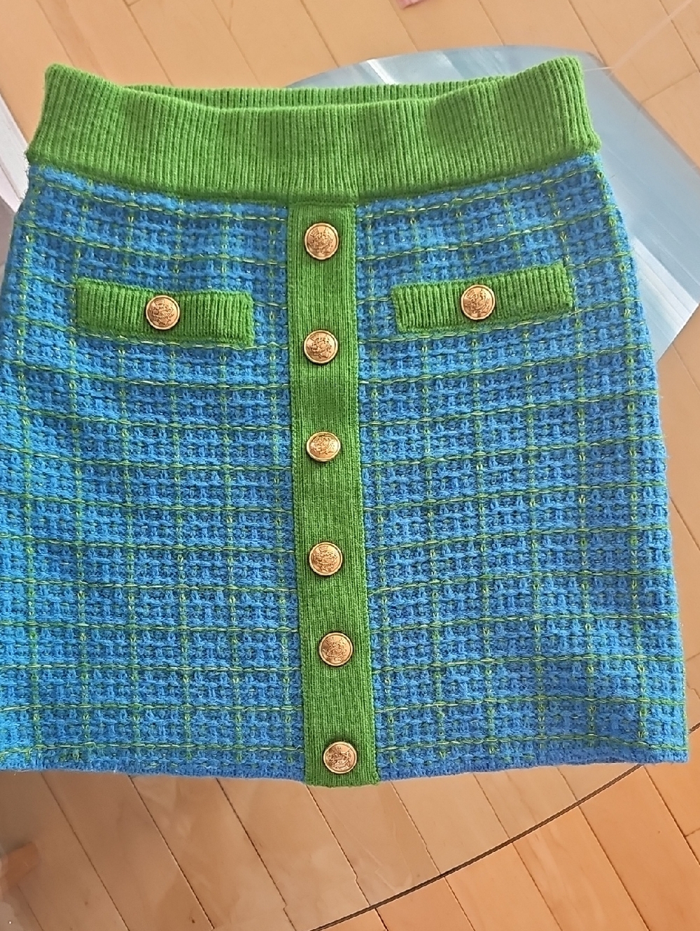 Green & Blue Tweed Mini Skirt with Gold Buttons